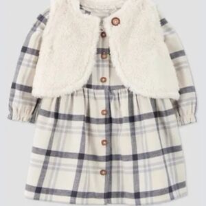 Plaid Dress with Faux Fur Vest🤎